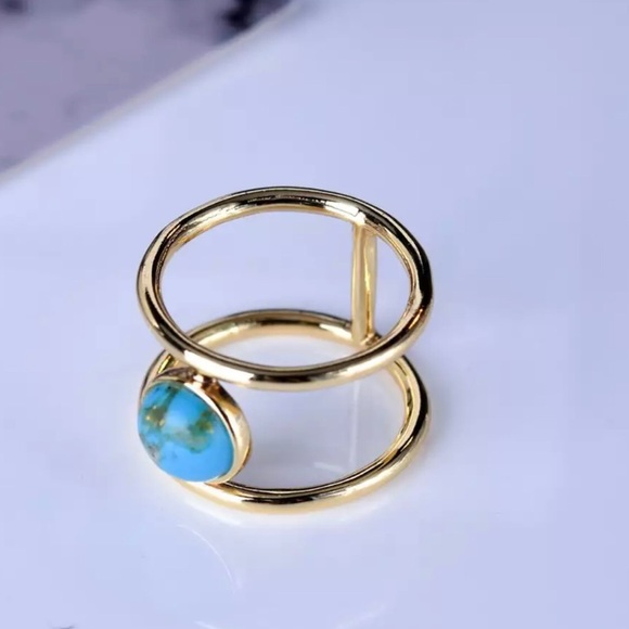 Vintage Gold Double Band Turquoise Ring - Picture 7 of 9